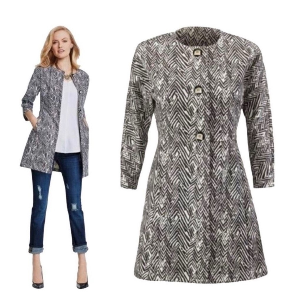 CAbi Zig Zag Ponte Knit Jacket Pockets Button Up SMALL White Gray 3034